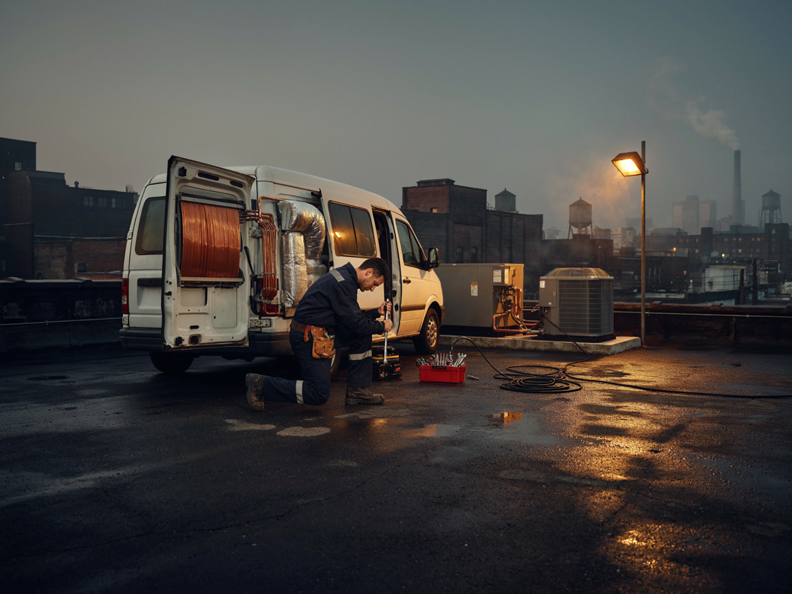 Professional HVAC service technician and van in the evening
