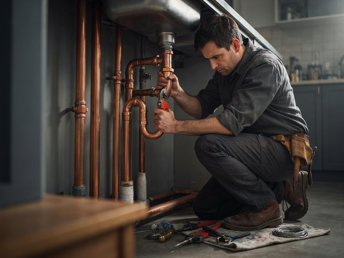 Professional plumber working with copper pipes and tools